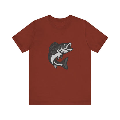 Walleye Fishing Graphic T-Shirt – Dark Theme Grayscale Freshwater Game Fish Design on Black Tee with Angler Energy and Modern Ghost Effect. Unisex Jersey Short Sleeve Tee
