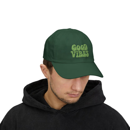 Good Vibes Classic Dad Hat – Embroidered Retro Text Hat for Positive Vibes, Chill Style, and Everyday Feel-Good Energy. Green Letters