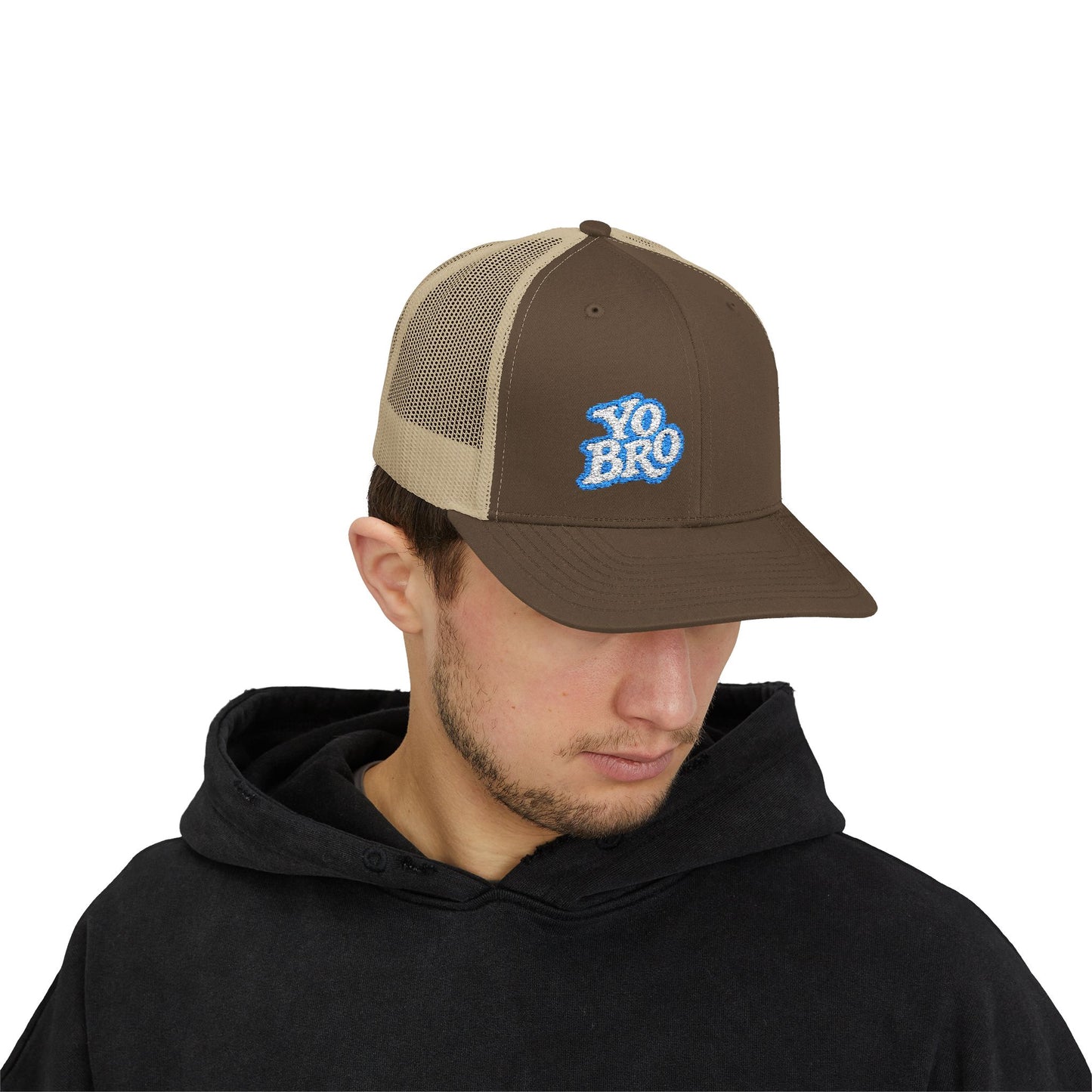 Yo Bro Trucker Hat – Embroidered Blue & White Hat for Laid-Back Vibes