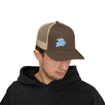 Yo Bro Trucker Hat – Embroidered Blue & White Hat for Laid-Back Vibes