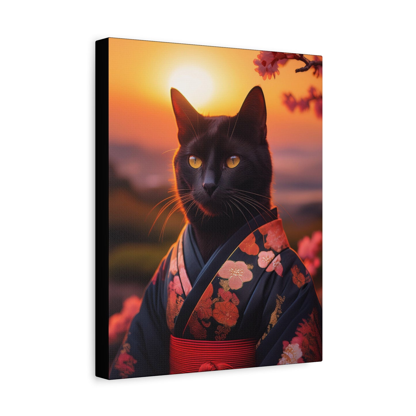 Zen Whiskers: Geisha Cat at Sunset Canvas Art | Stretched Matte Wall Decor 001