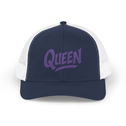 Queen Trucker Hat – Embroidered Crown Hat for Confident Women. Purple Letters
