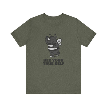 Bee Your True Self T-Shirt – Dark Theme Grayscale Rhino in Bee Costume on Black Tee with Wholesome Humor and Self-Expression Message. Unisex Jersey Short Sleeve Tee