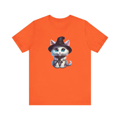 Adorable Witch Cat Halloween Shirt – Cute White Cat in Hat Graphic Tee for Cat Lovers and Halloween Fans