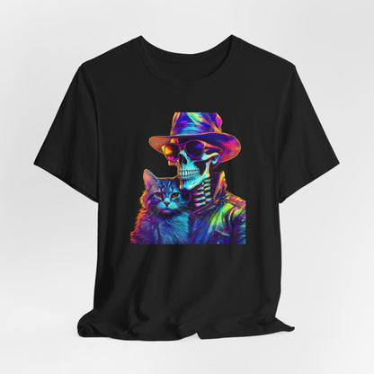 Cool Skeleton and Cat Halloween Shirt – Neon Retro Horror Graphic Tee for Spooky Style and Cat Lovers