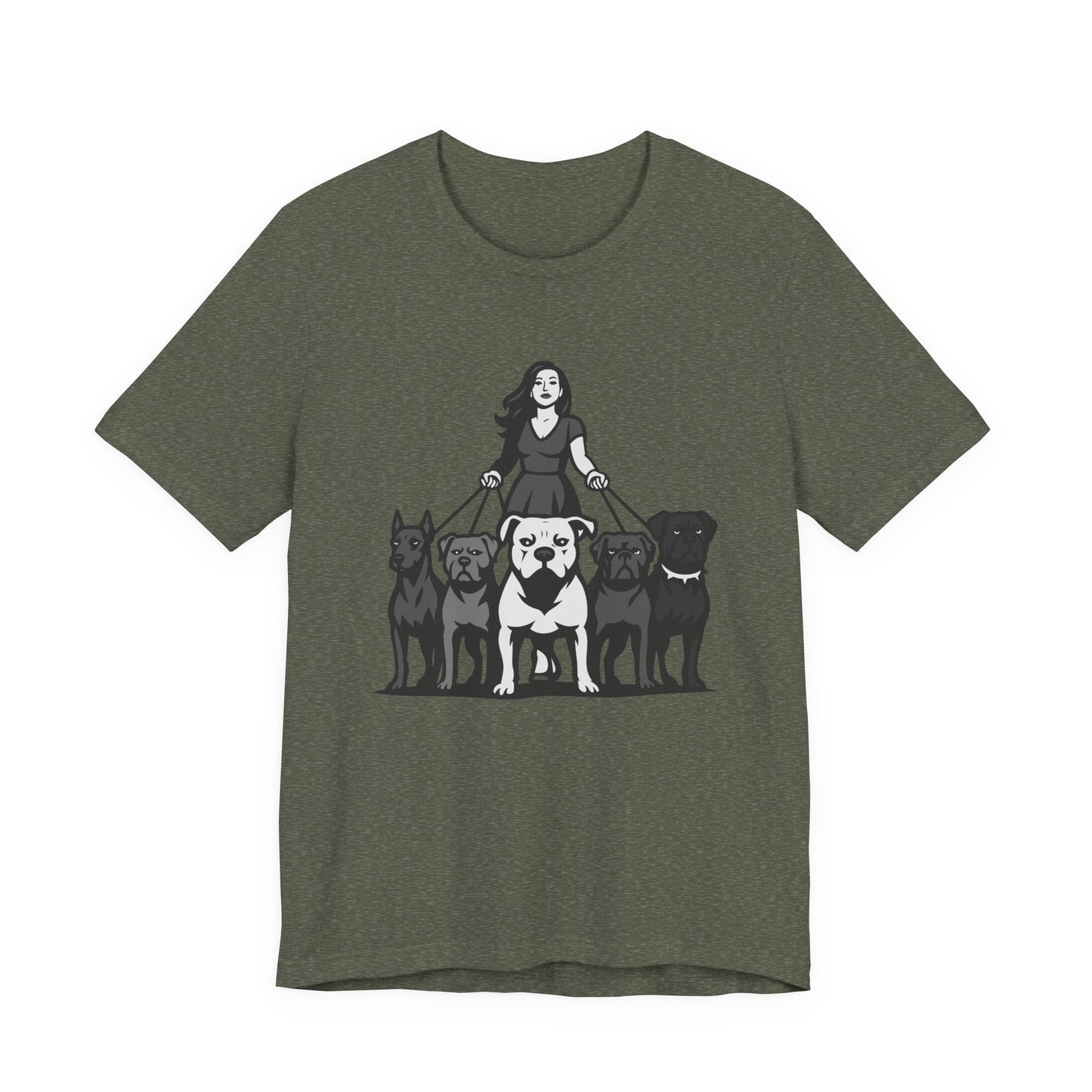 Alpha Woman with Dog Pack Graphic Tee Dark Theme – Confident Dog Walker Vector Design