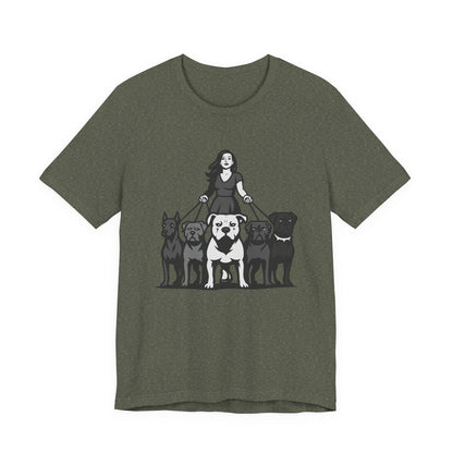 Alpha Woman with Dog Pack Graphic Tee Dark Theme – Confident Dog Walker Vector Design