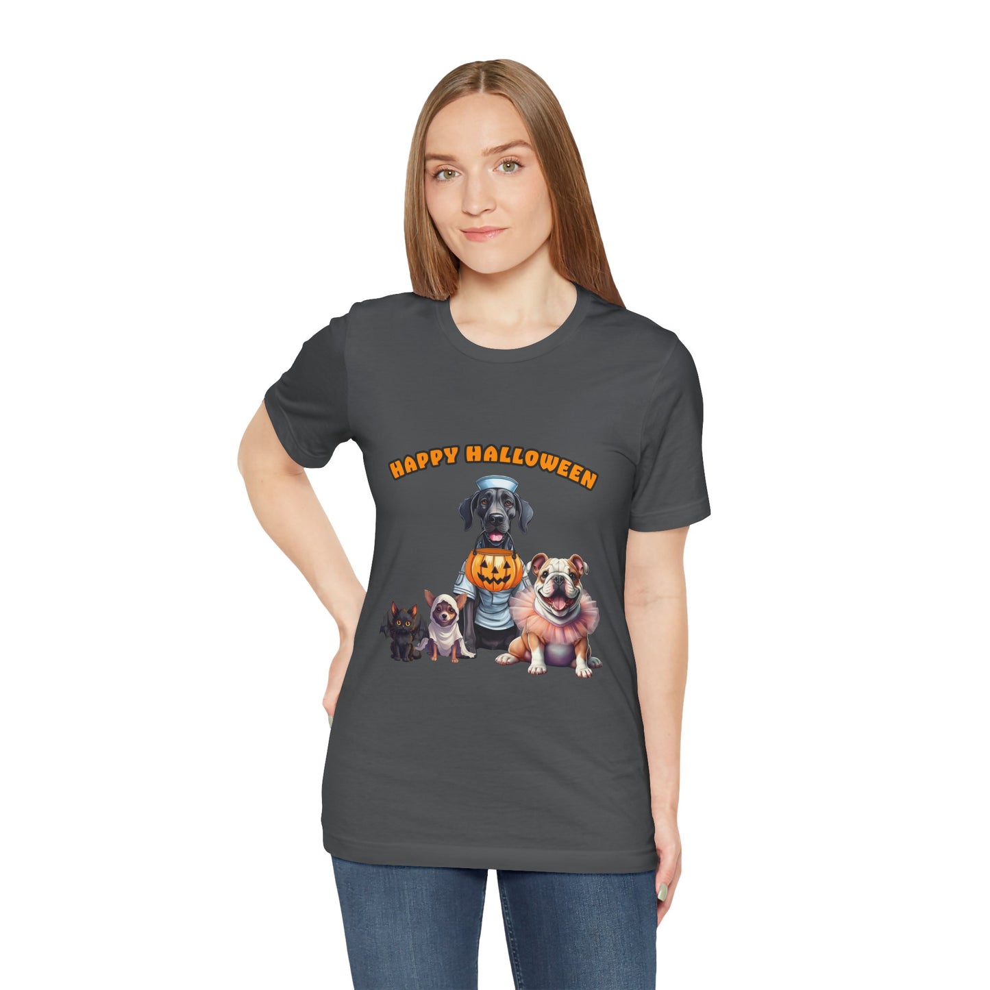Happy Halloween Pet Parade Shirt – Cute Halloween Dogs and Cat in Costumes. Unisex Jersey Short Sleeve Tee