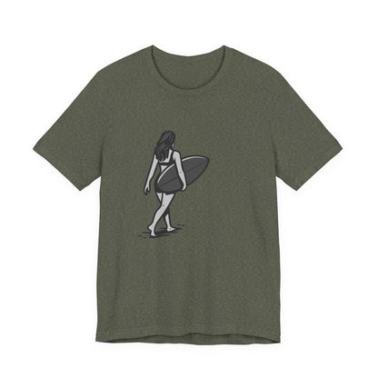 Surfer Girl Walking Graphic T-Shirt – Dark Theme Grayscale Beach Scene on Black Tee with Coastal Calm and Modern Ghost Effect. Unisex Jersey Short Sleeve Tee
