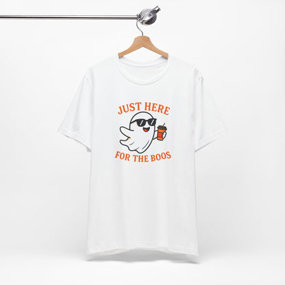 Just Here for the Boos Halloween Shirt – Funny Ghost Drinking Coffee Graphic Tee for Spooky Season
