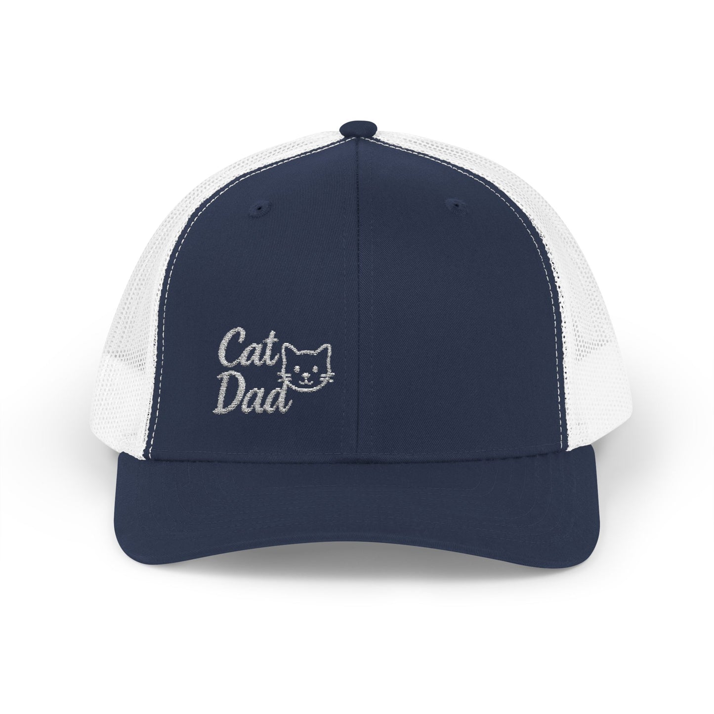 Cat Dad Trucker Hat – Embroidered Minimalist Cat Face Hat for Proud Pet Dads and Feline Fans. White Letters