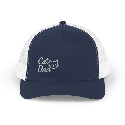 Cat Dad Trucker Hat – Embroidered Minimalist Cat Face Hat for Proud Pet Dads and Feline Fans. White Letters