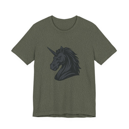 Dark Unicorn Profile T-Shirt – Dark Theme Grayscale Fierce Mythical Horse Design on Black Tee with Gothic Magic and Modern Ghost Effect. Unisex Jersey Short Sleeve Tee