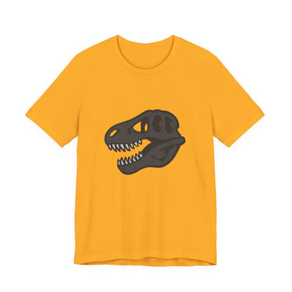 T-Rex Skull Graphic T-Shirt – Dark Theme Grayscale Dinosaur Skeleton Design on Black Tee with Prehistoric Edge and Modern Ghost Effect. Unisex Jersey Short Sleeve Tee