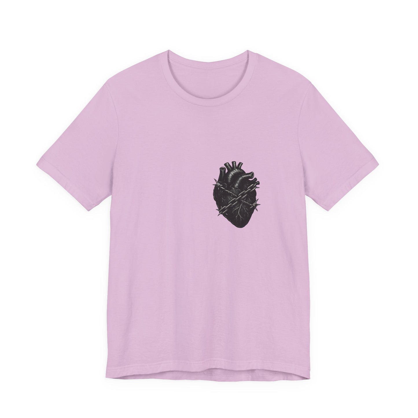 Heart in Chains Shirt – Dark Theme Anatomical Heart Wrapped in Barbed Wire and Commitment Issues. Unisex Jersey Short Sleeve Tee