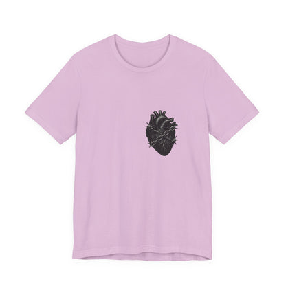 Heart in Chains Shirt – Dark Theme Anatomical Heart Wrapped in Barbed Wire and Commitment Issues. Unisex Jersey Short Sleeve Tee