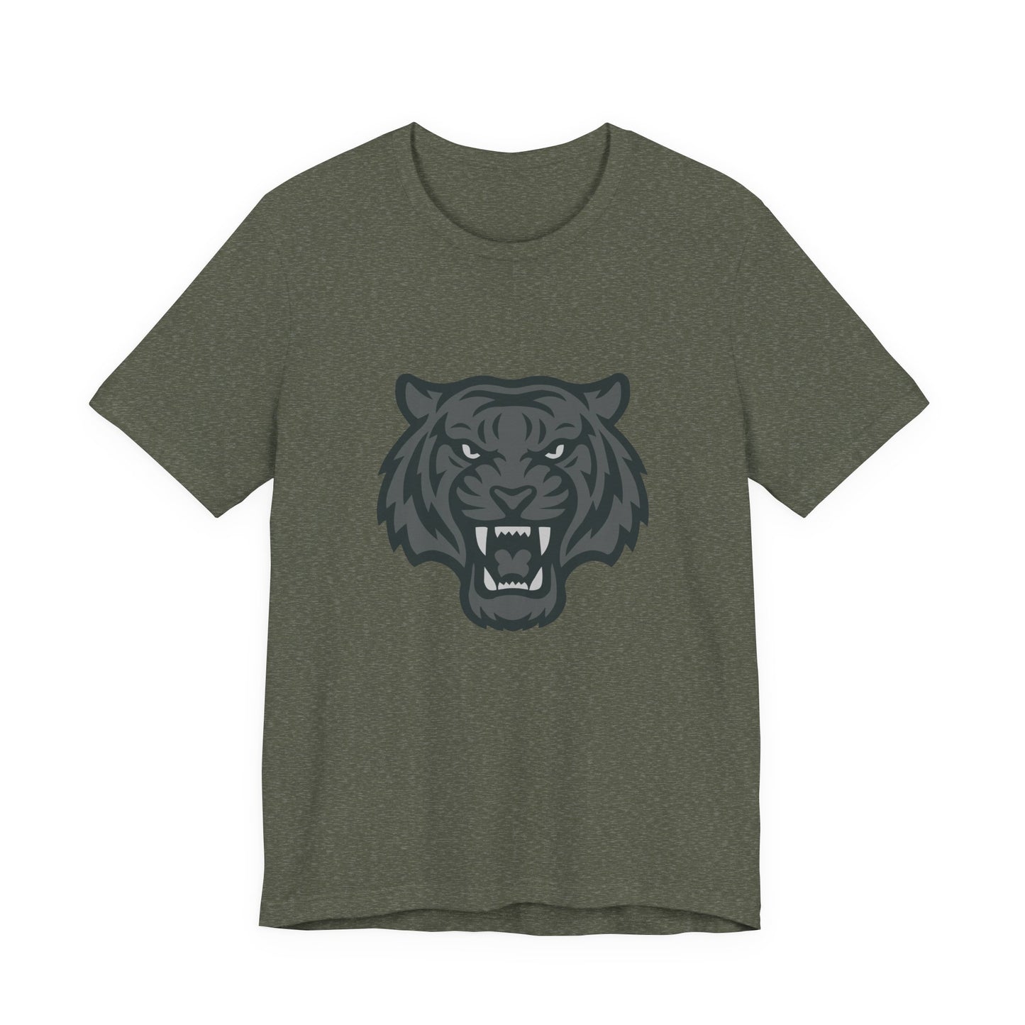 Tiger Head Graphic T-Shirt – Dark Theme Grayscale Roaring Beast Design on Black Tee with Fierce Focus and Modern Ghost Effect. Unisex Jersey Short Sleeve Tee