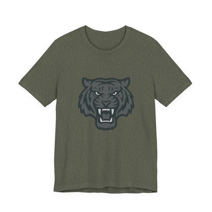 Tiger Head Graphic T-Shirt – Dark Theme Grayscale Roaring Beast Design on Black Tee with Fierce Focus and Modern Ghost Effect. Unisex Jersey Short Sleeve Tee