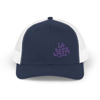 La Jefa Trucker Hat – Embroidered Latina Boss Hat for Bold Women. Purple Letters