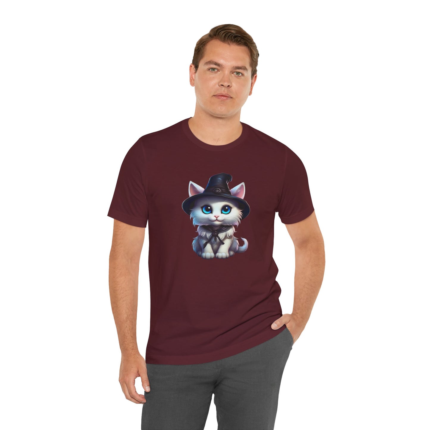 Adorable Witch Cat Halloween Shirt – Cute White Cat in Hat Graphic Tee for Cat Lovers and Halloween Fans