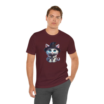 Adorable Witch Cat Halloween Shirt – Cute White Cat in Hat Graphic Tee for Cat Lovers and Halloween Fans