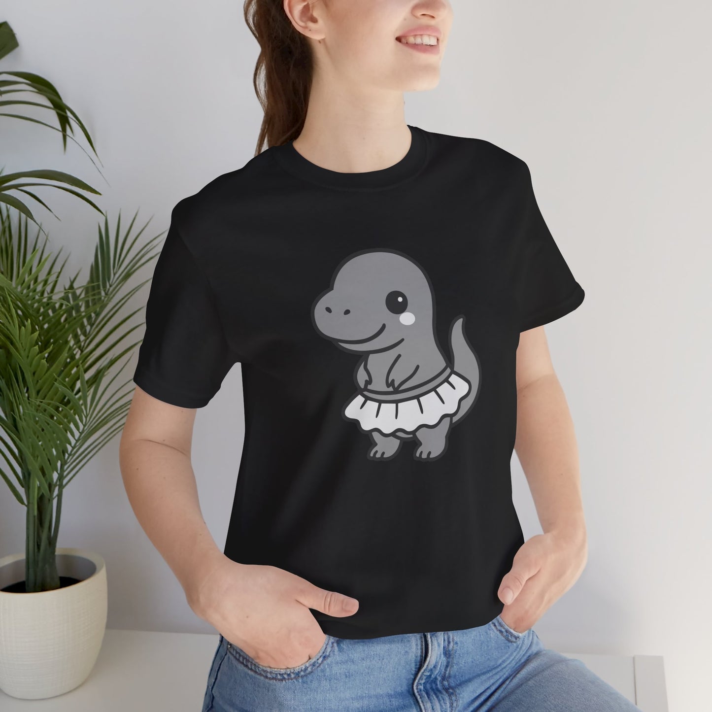 Kawaii T-Rex Dancer Graphic Tee Dark Theme – Cute Dinosaur in Skirt Vector Design