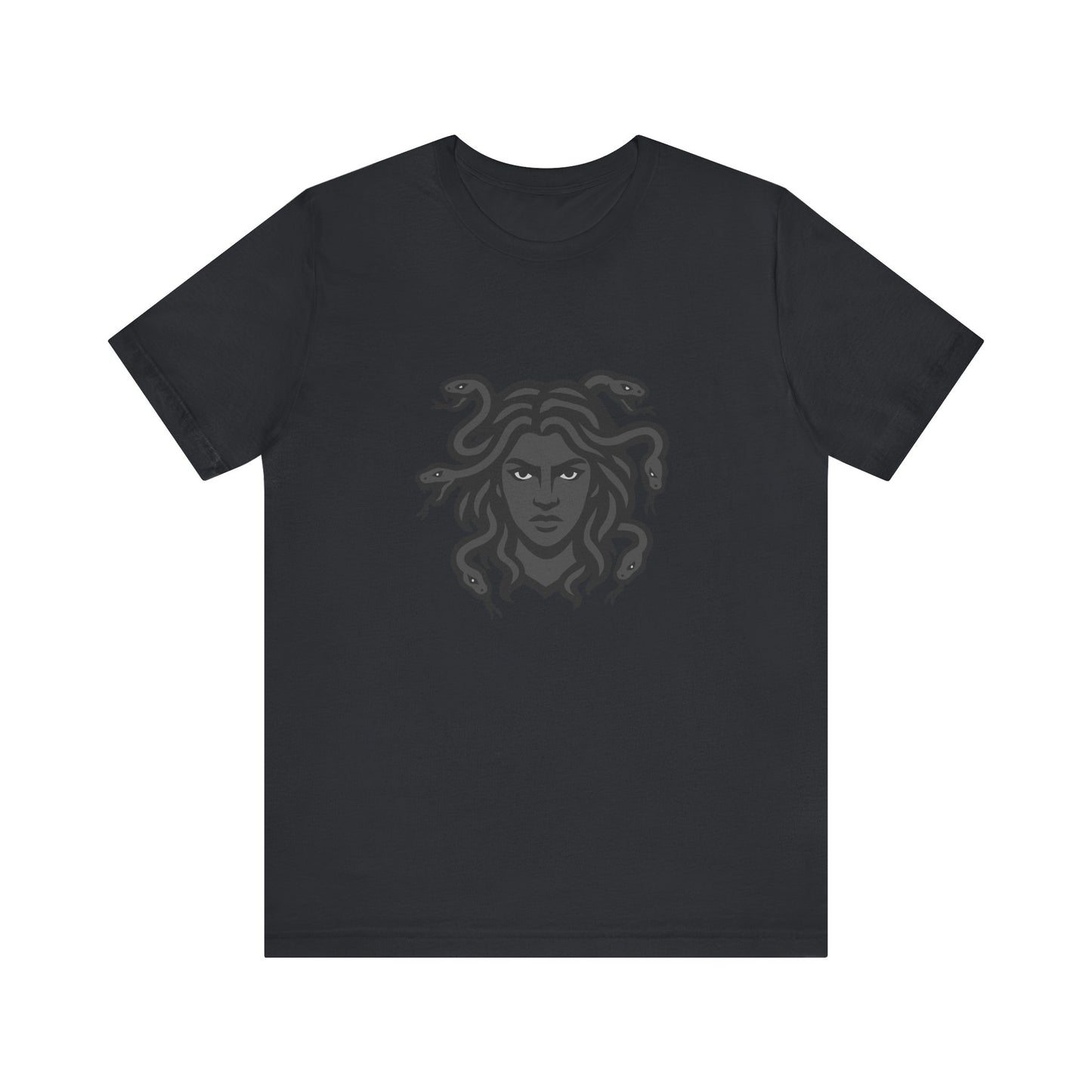 Medusa Graphic T-Shirt – Dark Theme Grayscale Snake-Haired Gorgon Design on Black Tee with Dark Myth Vibe and Modern Ghost Effect. Unisex Jersey Short Sleeve Tee