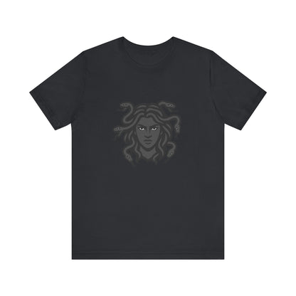 Medusa Graphic T-Shirt – Dark Theme Grayscale Snake-Haired Gorgon Design on Black Tee with Dark Myth Vibe and Modern Ghost Effect. Unisex Jersey Short Sleeve Tee