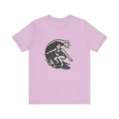 Surf Girl Graphic T-Shirt – Dark Theme Grayscale Female Surfer Riding Wave on Black Tee with Flow State Energy and Modern Ghost Effect. Unisex Jersey Short Sleeve Tee