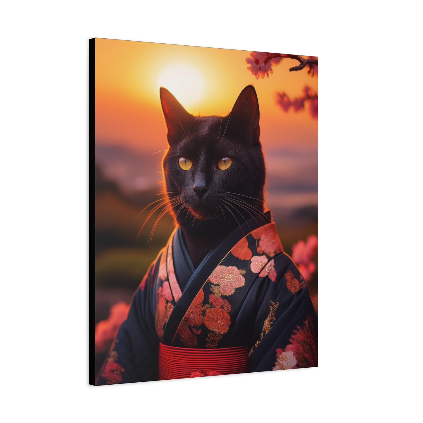 Zen Whiskers: Geisha Cat at Sunset Canvas Art | Stretched Matte Wall Decor 001