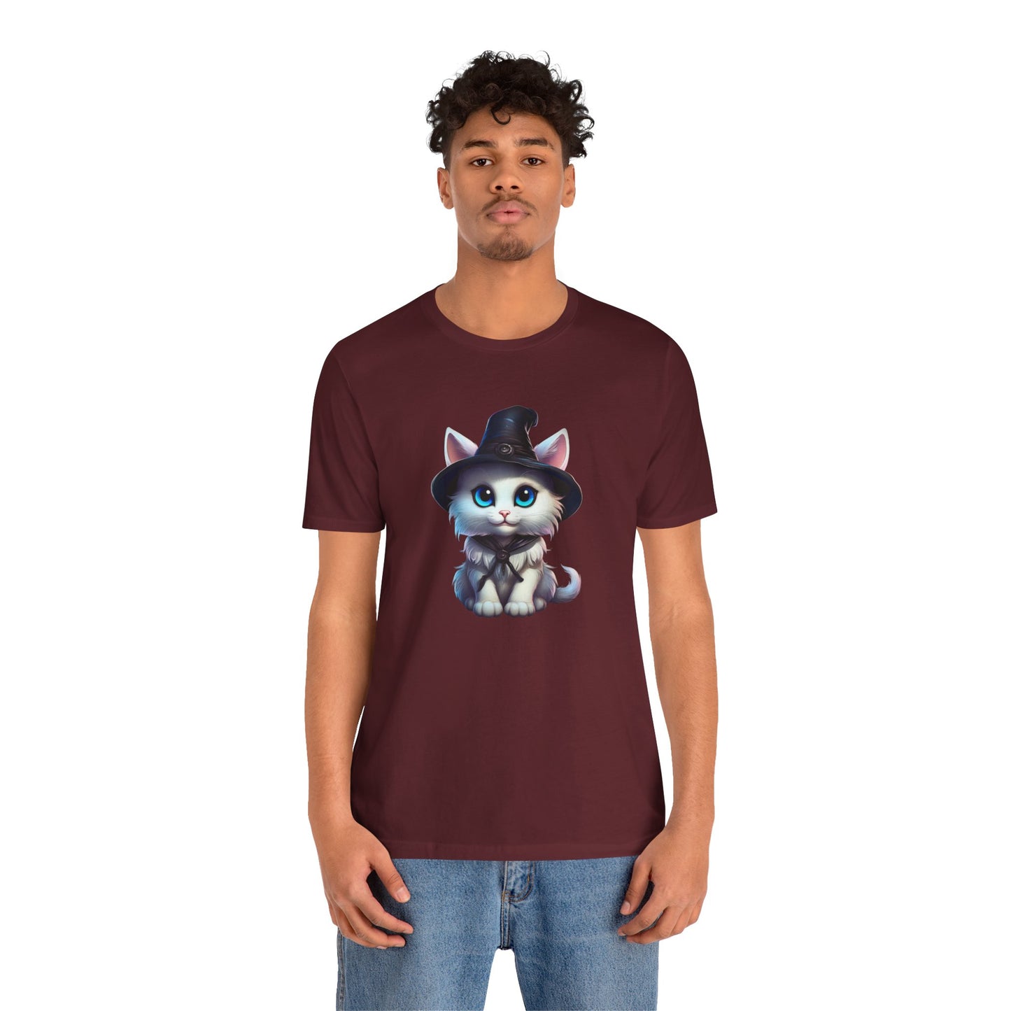 Adorable Witch Cat Halloween Shirt – Cute White Cat in Hat Graphic Tee for Cat Lovers and Halloween Fans
