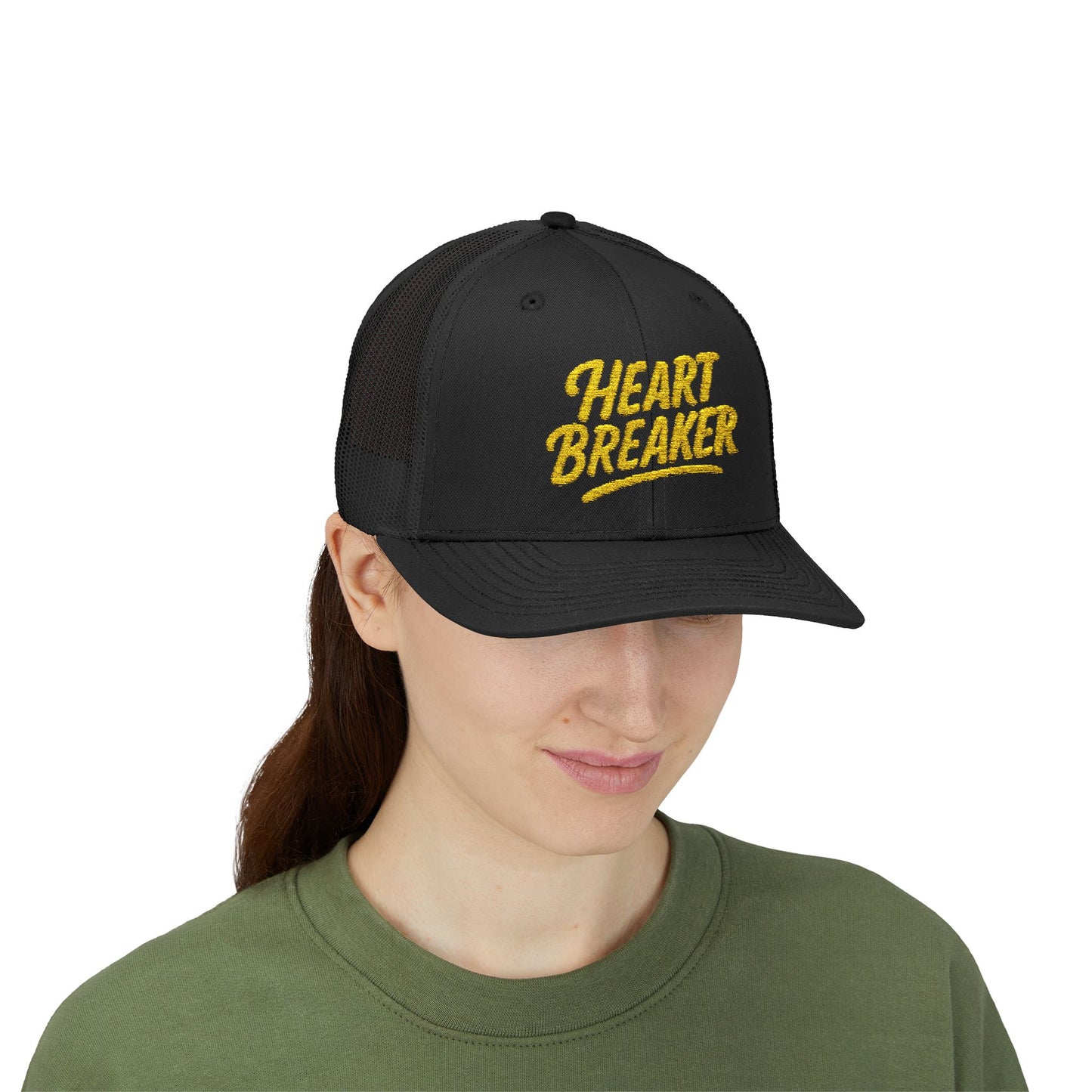Heartbreaker Trucker Hat – Bold Baseball Hat with Retro Script and Broken Heart Design for Confident Rule-Breakers. Yellow Letters