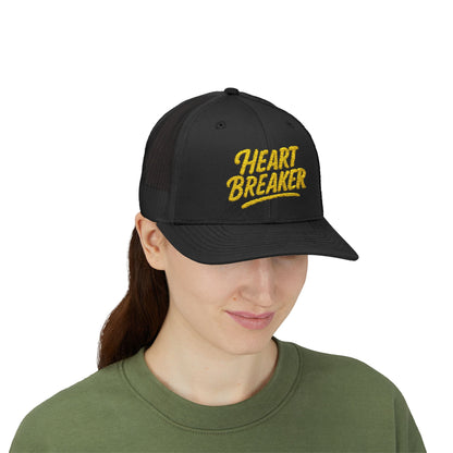 Heartbreaker Trucker Hat – Bold Baseball Hat with Retro Script and Broken Heart Design for Confident Rule-Breakers. Yellow Letters