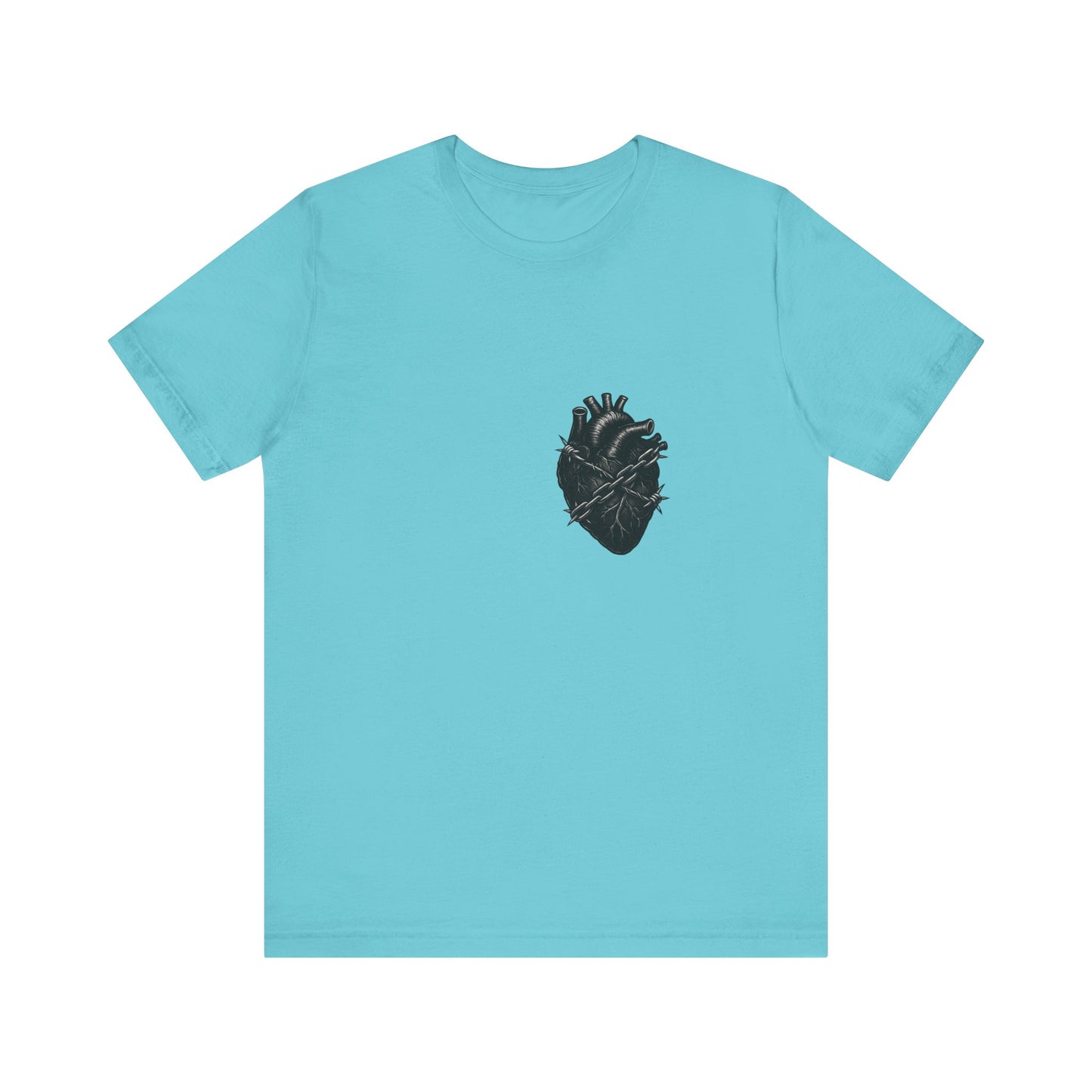 Heart in Chains Shirt – Dark Theme Anatomical Heart Wrapped in Barbed Wire and Commitment Issues. Unisex Jersey Short Sleeve Tee