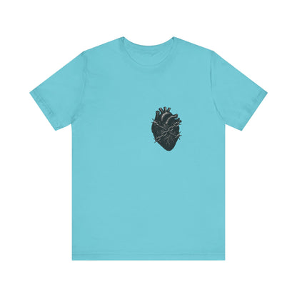 Heart in Chains Shirt – Dark Theme Anatomical Heart Wrapped in Barbed Wire and Commitment Issues. Unisex Jersey Short Sleeve Tee