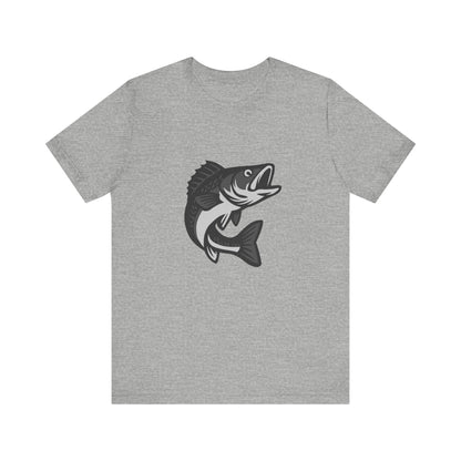 Walleye Fishing Graphic T-Shirt – Dark Theme Grayscale Freshwater Game Fish Design on Black Tee with Angler Energy and Modern Ghost Effect. Unisex Jersey Short Sleeve Tee