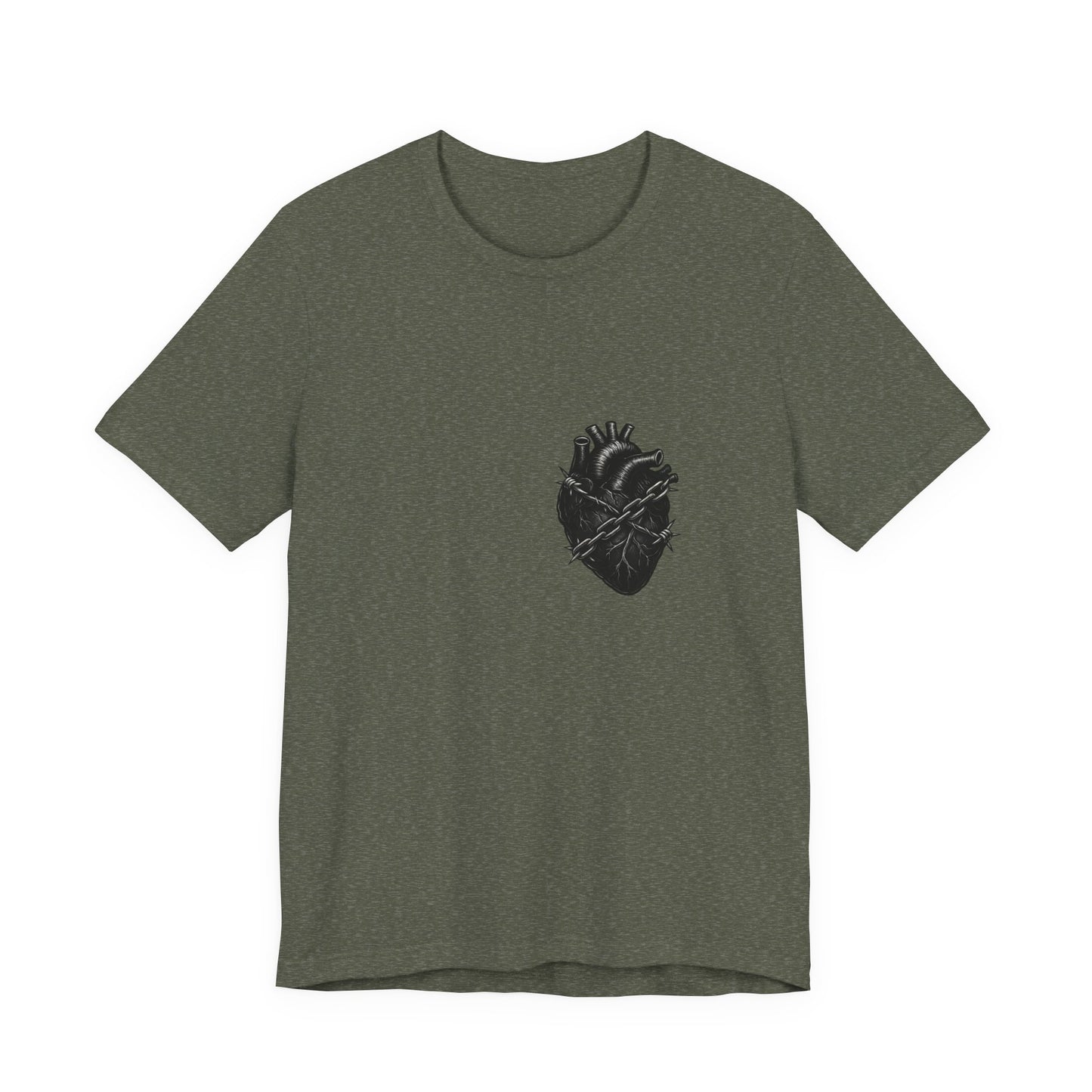 Heart in Chains Shirt – Dark Theme Anatomical Heart Wrapped in Barbed Wire and Commitment Issues. Unisex Jersey Short Sleeve Tee
