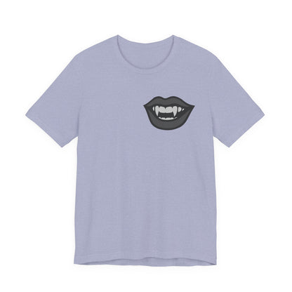 Vampire Mouth Graphic T-Shirt – Dark Theme Grayscale Fanged Lips on Black Tee with Gothic Bite and Modern Ghost Effect. Unisex Jersey Short Sleeve Tee
