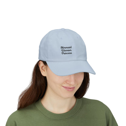 Mermaid Warrior Princess Embroidered Classic Dad Hat – Bold Text Hat for Ocean Queens, Fantasy Fans, and Fierce Beach Style. Black Letters