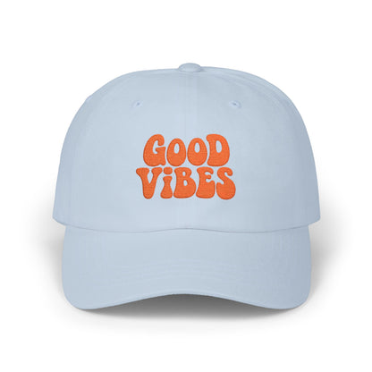Good Vibes Classic Dad Hat – Embroidered Retro Text Hat for Positive Vibes, Chill Style, and Everyday Feel-Good Energy. Orange Letters