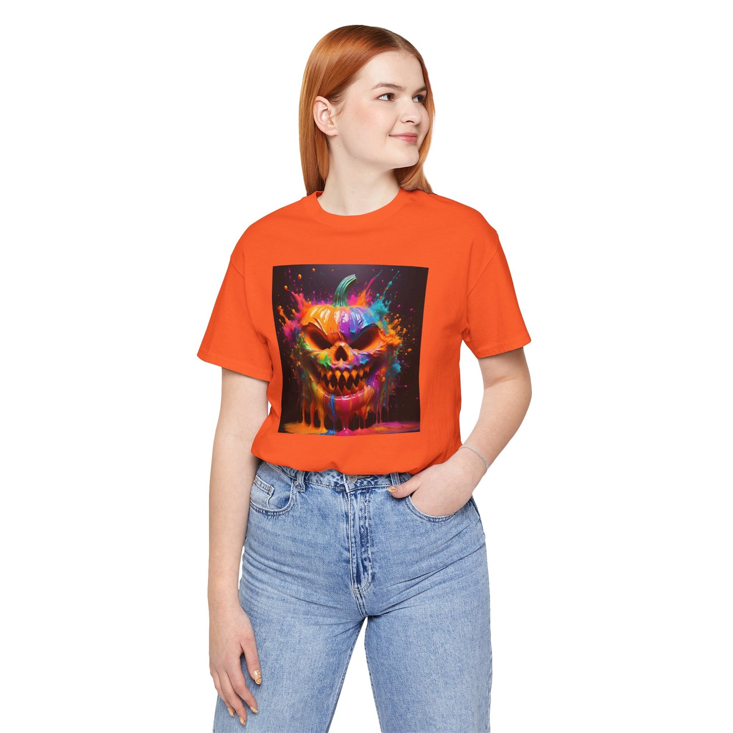 Neon Splatter Pumpkin Halloween Shirt – Vibrant Dripping Jack-o’-Lantern Graphic Tee for Bold Spooky Style