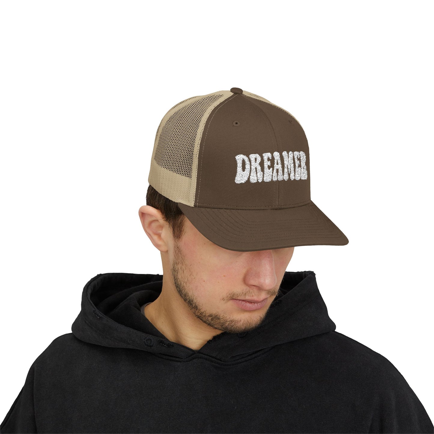 Dreamer Trucker Hat – Embroidered Minimalist Script Hat for Visionaries, Creatives, and Chill Daydreamers. White Letters