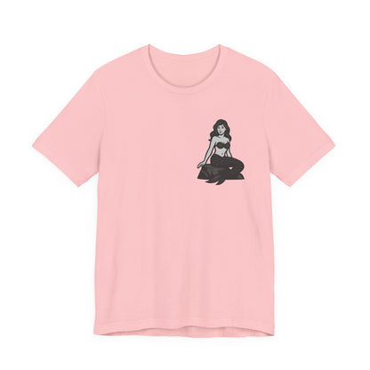 Mermaid Graphic T-Shirt – Dark Theme Grayscale Siren on Rock Design on Black Tee with Fantasy Vibes and Modern Ghost Effect. Unisex Jersey Short Sleeve Tee