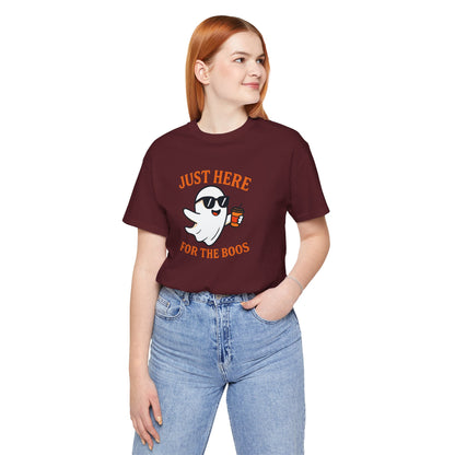 Just Here for the Boos Halloween Shirt – Funny Ghost Drinking Coffee Graphic Tee for Spooky Season