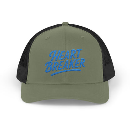 Heartbreaker Trucker Hat – Bold Baseball Hat with Retro Script and Broken Heart Design for Confident Rule-Breakers. Blue Letters