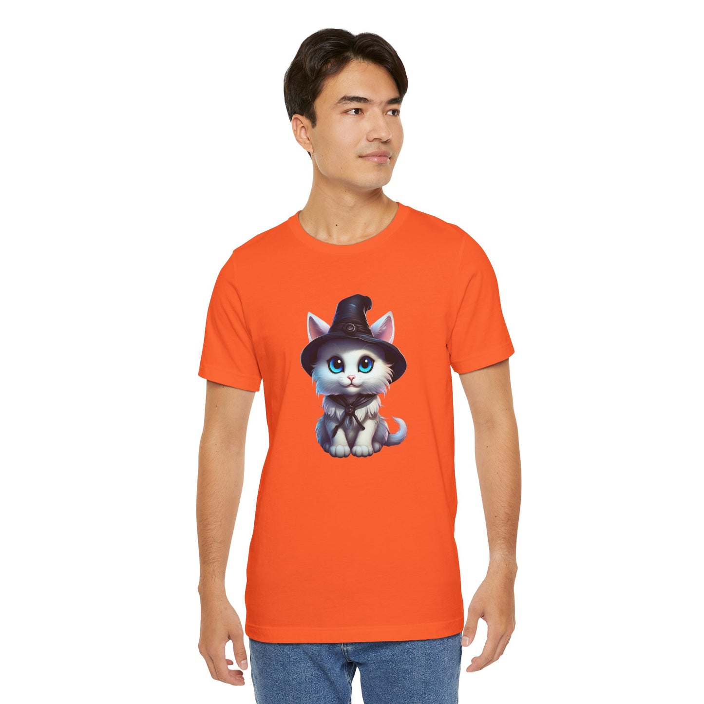 Adorable Witch Cat Halloween Shirt – Cute White Cat in Hat Graphic Tee for Cat Lovers and Halloween Fans