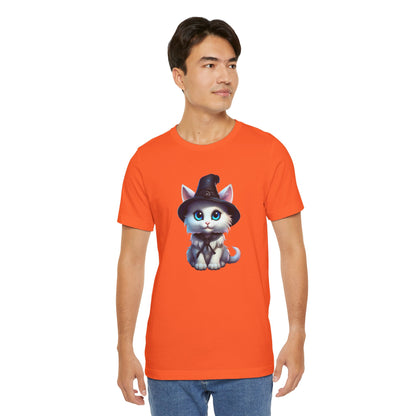 Adorable Witch Cat Halloween Shirt – Cute White Cat in Hat Graphic Tee for Cat Lovers and Halloween Fans
