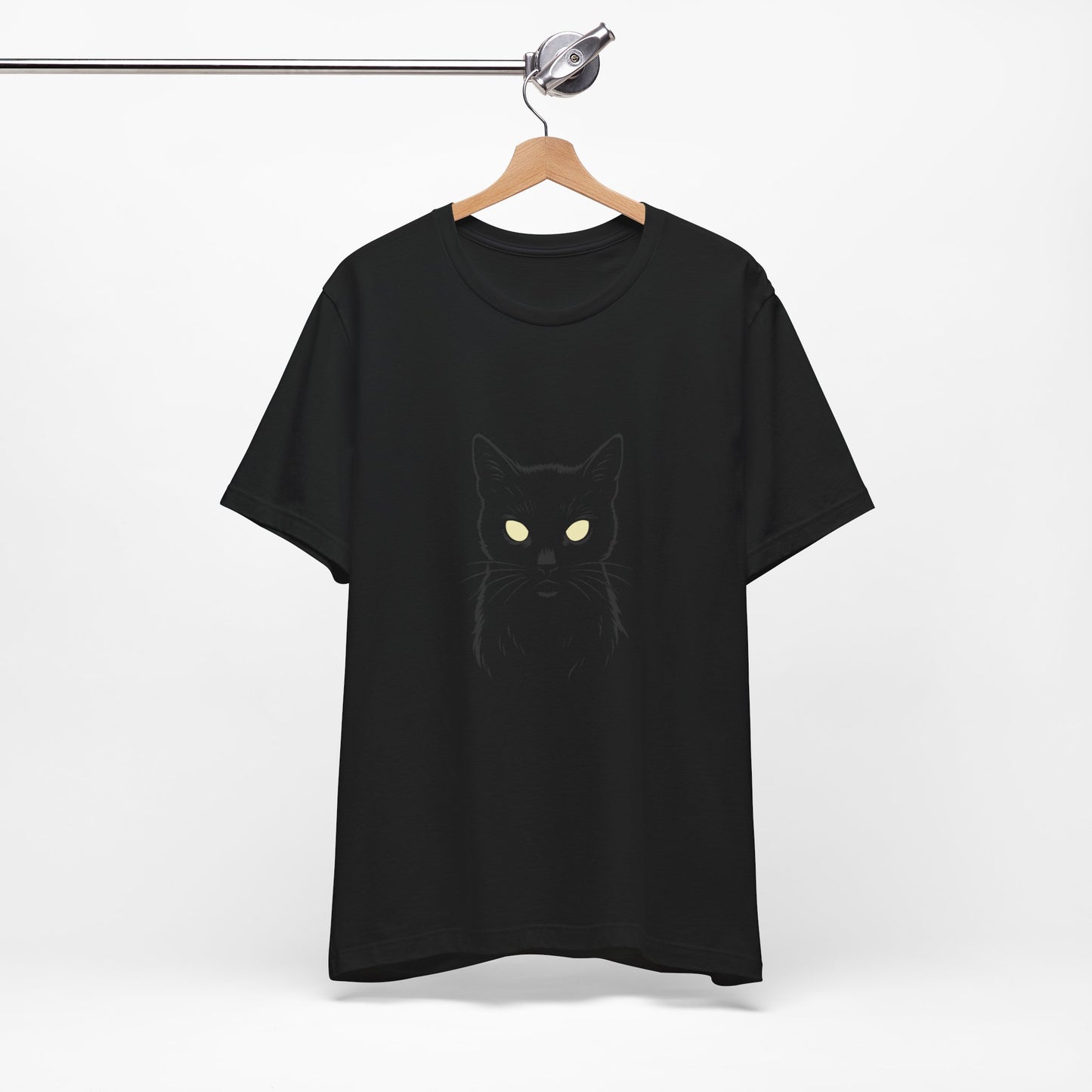 Ghost Cat Eyes Tee – Dark Theme Black Cat Outline with Transparent Face and Glowing Stare. Unisex Jersey Short Sleeve Tee