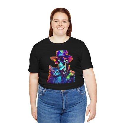 Cool Skeleton and Cat Halloween Shirt – Neon Retro Horror Graphic Tee for Spooky Style and Cat Lovers