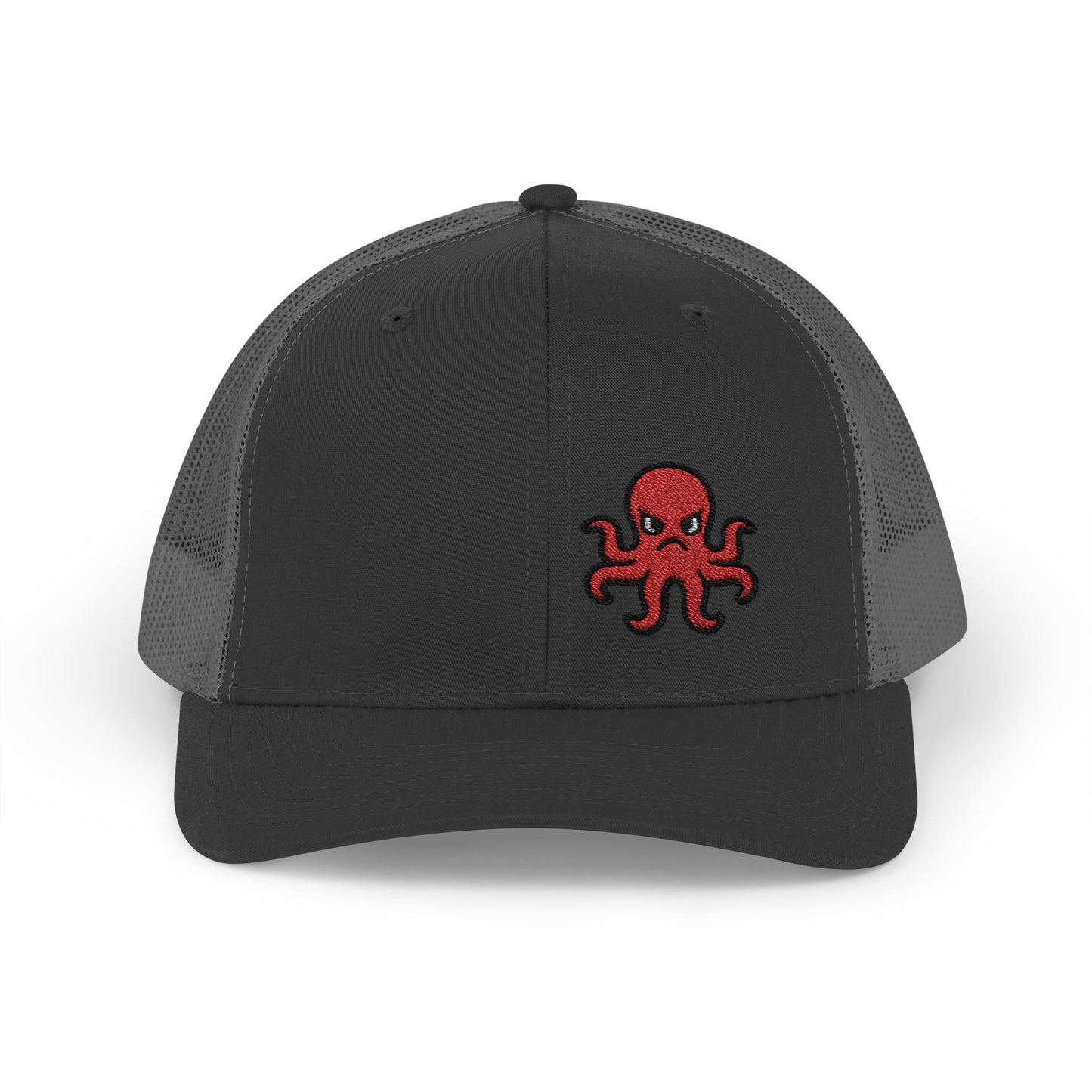 Angry Octopus Trucker Hat – Embroidered Red Sea Creature Hat with Cartoon Vibes and Bold Attitude